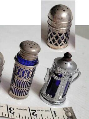 3 Small Blue Glass Salt Pepper Shaker w/ Silver Plate Metal Cages 1 England Made